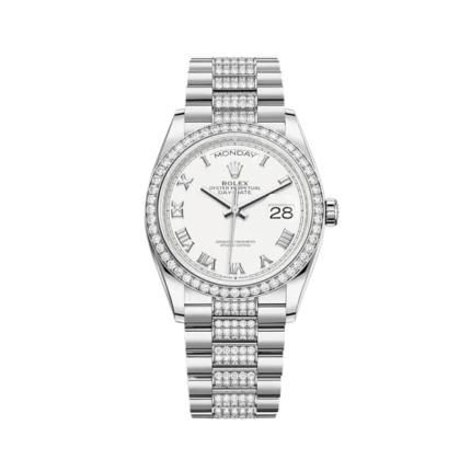 Rolex Day-Date 128349RBR White Gold Diamond Bezel White Dial